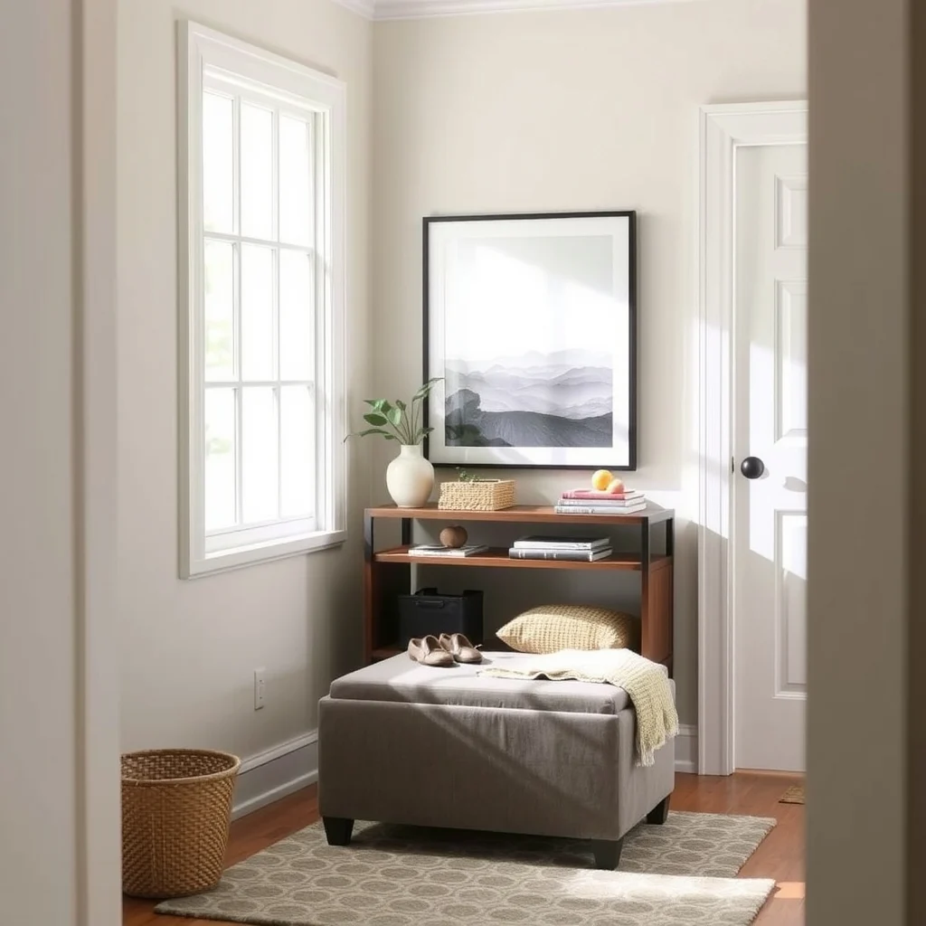Small Entryway Storage Ideas That Hide Shoes and Everyday Clutter interior: 6. Multi‑Purpose Storage Ottoman with Lift‑Top - An ottoman placed near the entryway doubles as a seat and a storage chest. Selecting an ottoman with a lift‑top gives you a shallow interior where shoes can be slipped in, and the cushion on