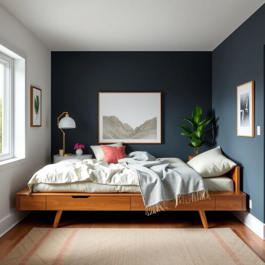 Small Guest Bedroom Ideas That Make Visitors Feel Comfortable interior: 2. Choose a Multi‑Purpose Bed Frame - A low‑profile platform with built‑in storage drawers replaces the need for a separate chest, freeing floor space for a small reading chair or a luggage rack. The clean lines of a wooden frame in brushed