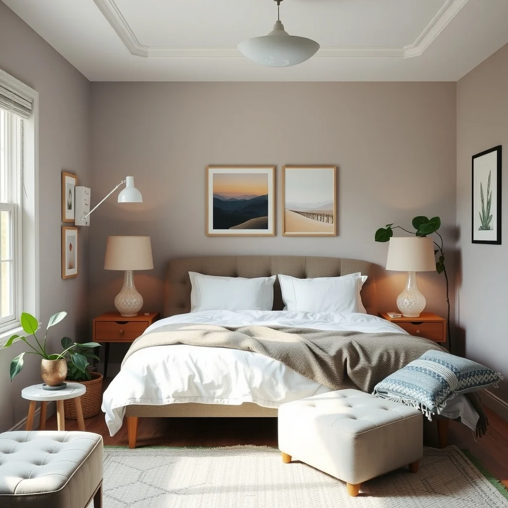Small Guest Bedroom Ideas That Make Visitors Feel Comfortable interior: 3. Layer Lighting for Adjustable Ambience - Relying solely on an overhead fixture can make a compact room feel harsh. Introduce a pair of bedside table lamps with fabric shades that diffuse light softly across the nightstand. A wall‑mounted swing arm near