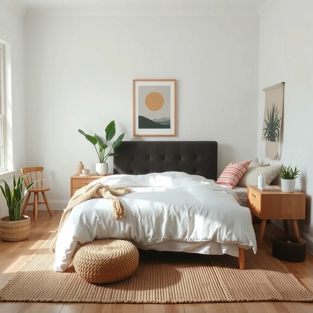 Small Guest Bedroom Ideas That Make Visitors Feel Comfortable interior: 4. Add a Touch of Natural Texture - A woven rug in jute or sisal grounds the space and introduces an organic element that feels pleasant underfoot. Position the rug so that the bed’s lower rest on it, defining the sleeping area