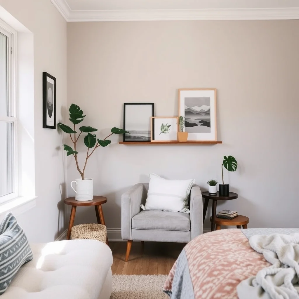 Small Guest Bedroom Ideas That Make Visitors Feel Comfortable interior: 6. Create a Small Seating Nook - A compact armchair in a muted velvet or soft cotton offers a place to unwind with a book or a cup of tea. Position the chair opposite a wall‑mounted floating shelf that holds a few
