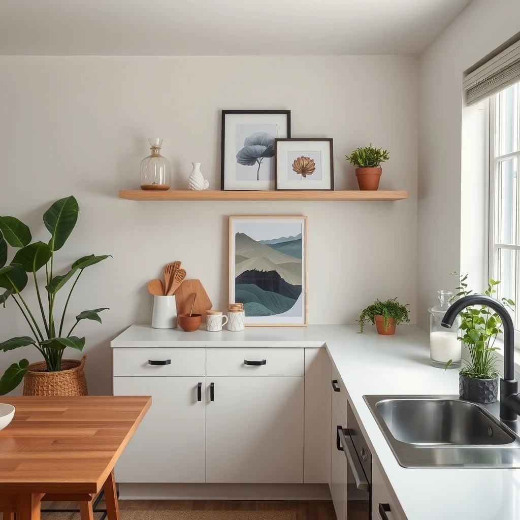 Small Kitchen Corner Countertop Decor Ideas That Stay Functional interior: 2. Narrow open shelf above the corner for curated display - Mounting a slim, floating shelf just above the countertop creates a vertical layer that draws the eye upward, making the corner feel taller. A reclaimed‑pine board finished with a matte whitewash offers a warm texture