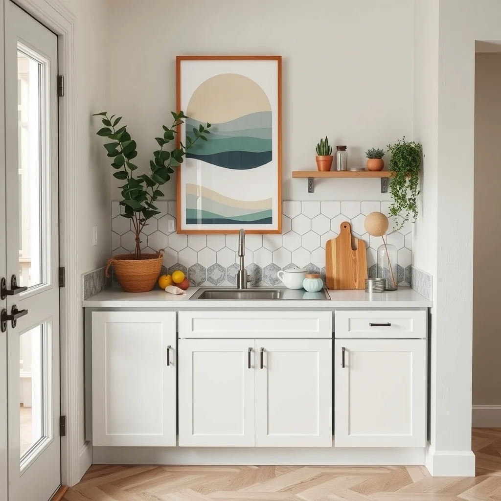 Small Kitchen Corner Countertop Decor Ideas That Stay Functional interior: 3. Decorative yet washable backsplash tile strip - Installing a thin band of patterned tile just behind the corner countertop adds visual depth without consuming floor area. A hexagonal subway tile in muted teal and ivory creates a subtle pop of color that