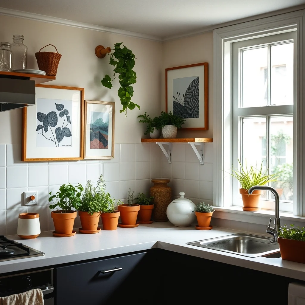 Small Kitchen Corner Countertop Decor Ideas That Stay Functional interior: 4. Small indoor herb garden in terracotta pots - A row of compact herbs—basil, thyme, and chives—grown in terracotta pots adds freshness to the kitchen and a splash of natural green. Terracotta’s porous nature helps regulate moisture, which is ideal for herbs that thrive