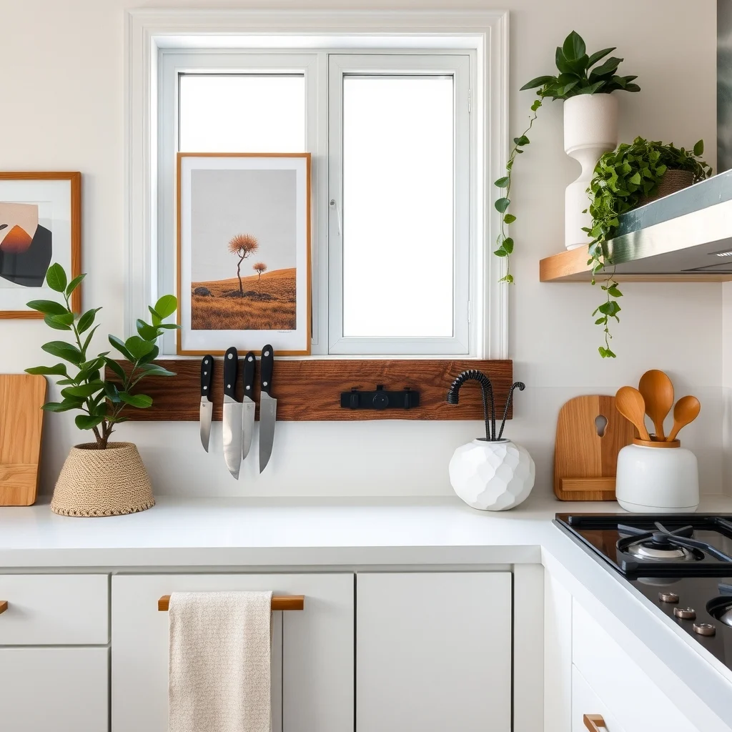 Small Kitchen Corner Countertop Decor Ideas That Stay Functional interior: 5. Magnetic knife strip combined with a decorative board - Replacing a traditional knife block with a magnetic strip mounted on a reclaimed‑board creates both functionality and a decorative statement. Choose a board finished in a dark walnut stain; the contrast between the sleek metal
