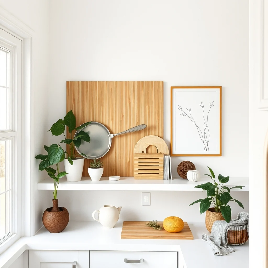 Small Kitchen Corner Countertop Decor Ideas That Stay Functional interior: 6. Fold‑down cutting board that doubles as a decorative panel - A hinged cutting board that folds up against the wall transforms a functional surface into a decorative backdrop when not in use. Opt for a board made of bamboo with a natural finish; bamboo resists