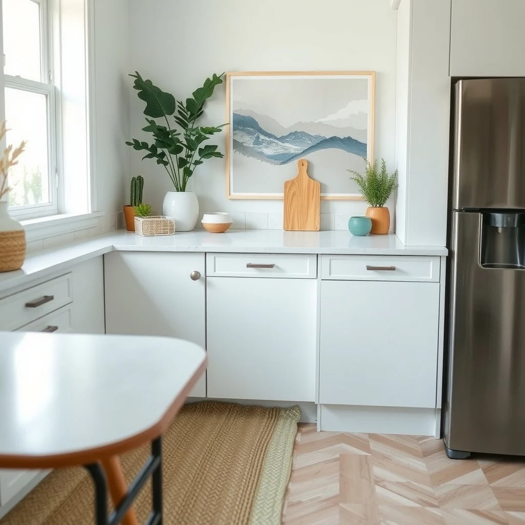 Small Kitchen Corner Countertop Decor Ideas That Stay Functional interior: 7. Patterned runner mat that protects the surface while adding visual interest - A narrow runner mat made from woven cotton or jute can protect the countertop from scratches and spills while introducing texture. Select a mat with a muted chevron or herringbone pattern in shades of muted