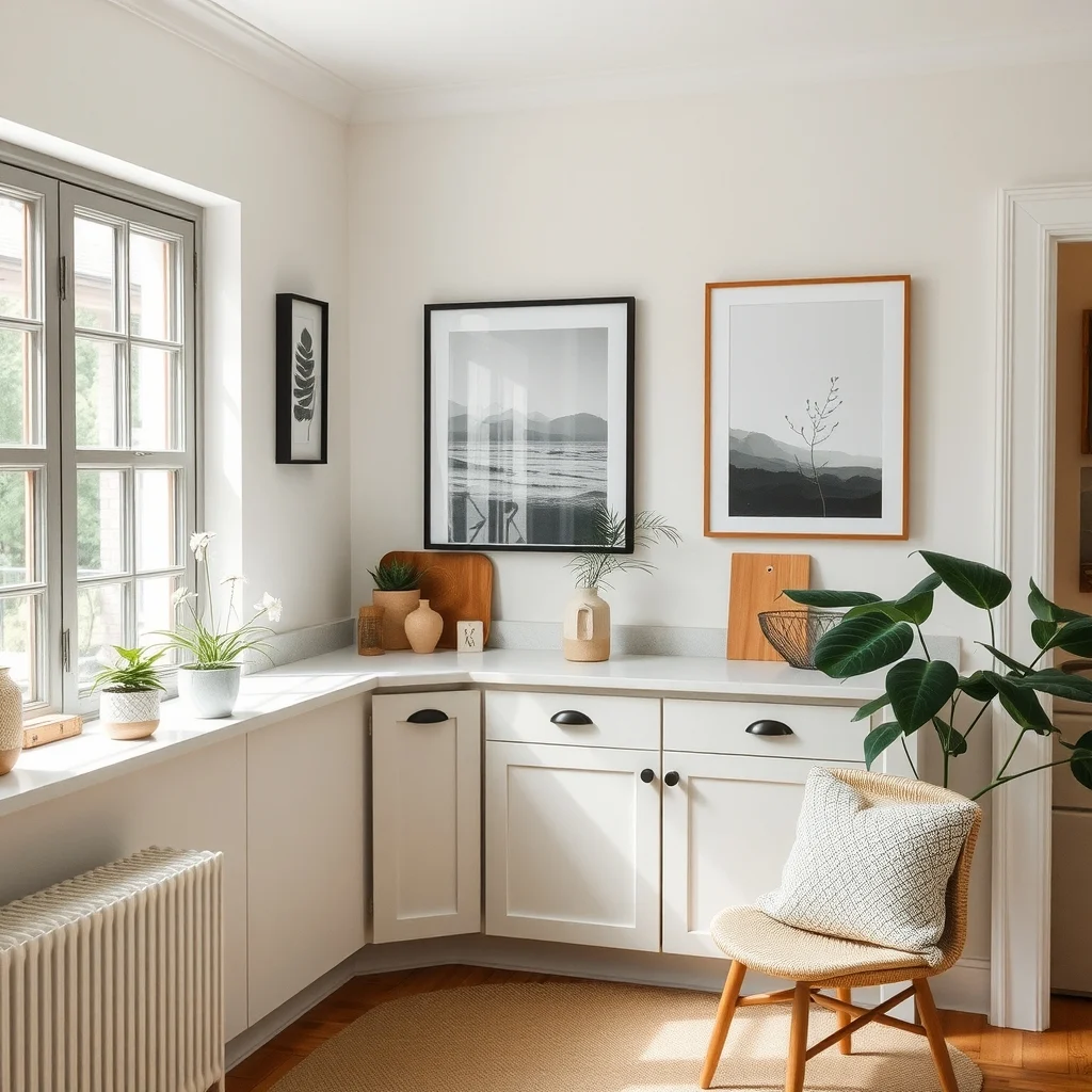 Small Kitchen Corner Countertop Decor Ideas That Stay Functional interior: FAQ - How can I keep a small corner countertop from feeling cluttered? Limit decorative items to three or fewer and choose pieces that also serve a purpose, such as a small herb pot or a magnetic