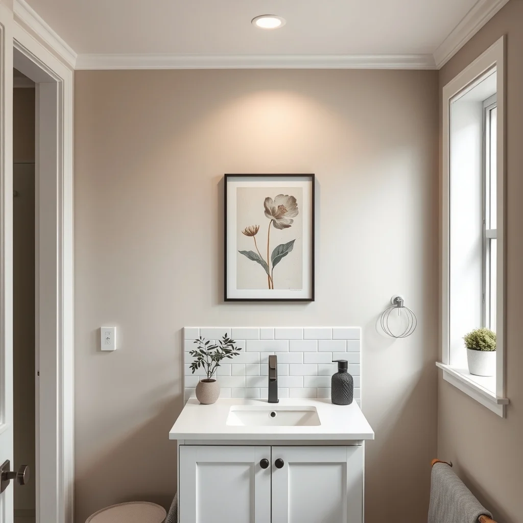 Soft greige walls painted with a subtle wash surround white subway tile a small abstract botanical print above the vanity warm LED recessed lighting and a sleek matte black faucet