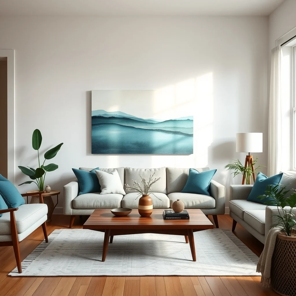 Spacious living room featuring an affordable 48 inch canvas print of a muted teal abstract landscape hung above a low mid century walnut coffee table warm ambient lighting and subtle teal accents in pillows