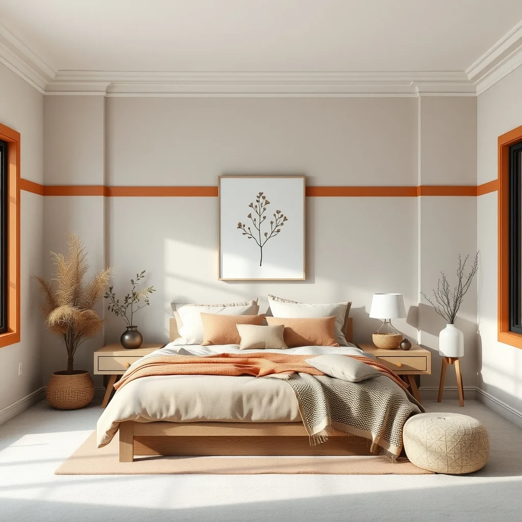 Spacious winter bedroom soft greige walls with a muted sage accent stripe and warm terracotta trim abstract botanical canvas hangs centered