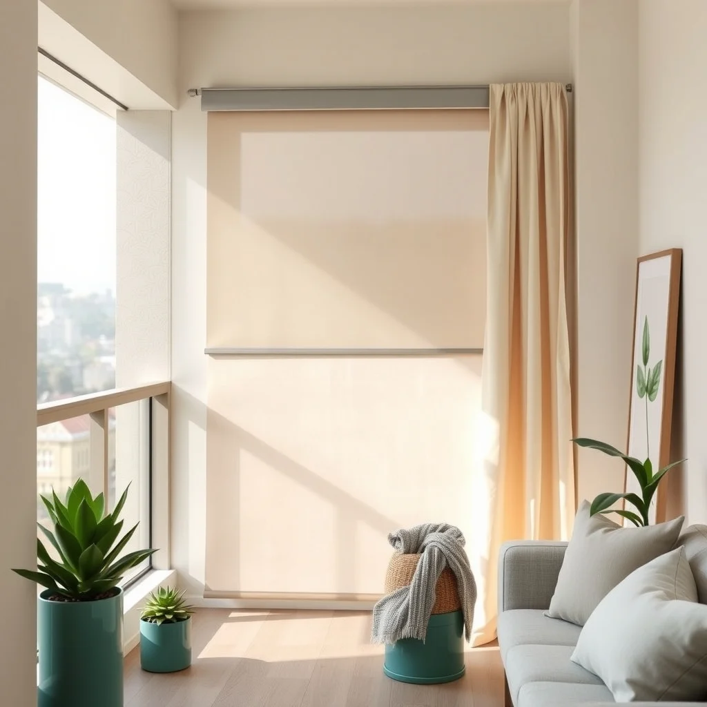 Sunlit balcony corner featuring powder coated aluminum fold down screen soft ivory linen panels draped minimalist modern style sleek rail teal green potted succulents gentle morning light casting subtle shadows