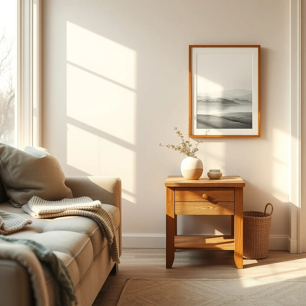 Sunlit corner featuring a reclaimed oak side table beside the sofa its weathered grain catching low angle winter sunlight warm golden glow reflects off a matte ivory wall and subtle abstract landscape art