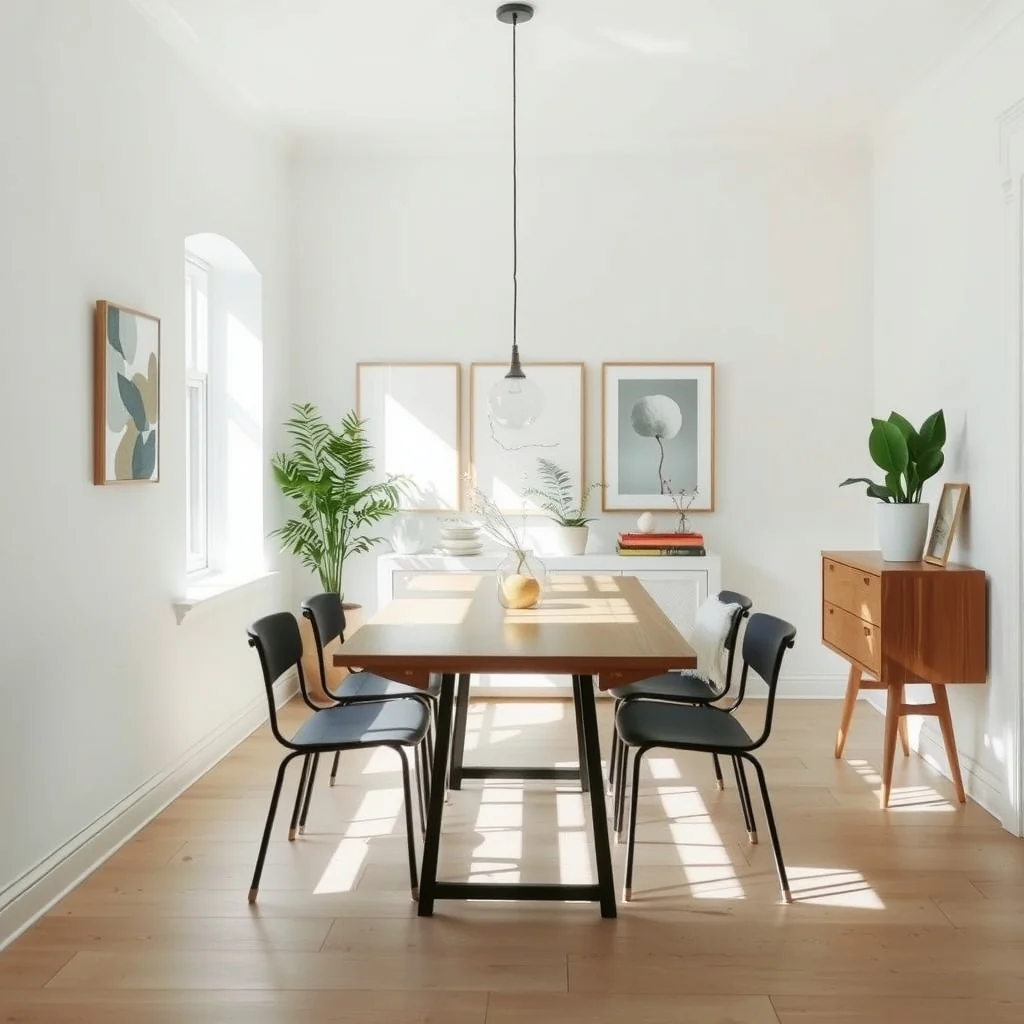 Sunlit dining nook featuring a rectangular oak drop leaf table half extended minimalist black metal light pine floor crisp white walls natural light streaming emphasizing adaptable space