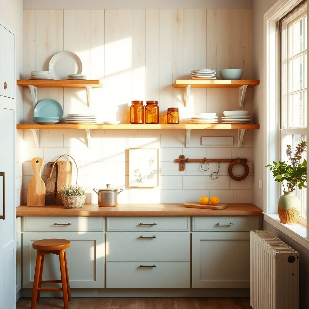 Sunlit kitchen wall featuring reclaimed pine open shelves painted pastel plates amber mason jars and copper mixing bowls warm natural light accentuates wood grain and vintage textures creating a nostalgic focal point
