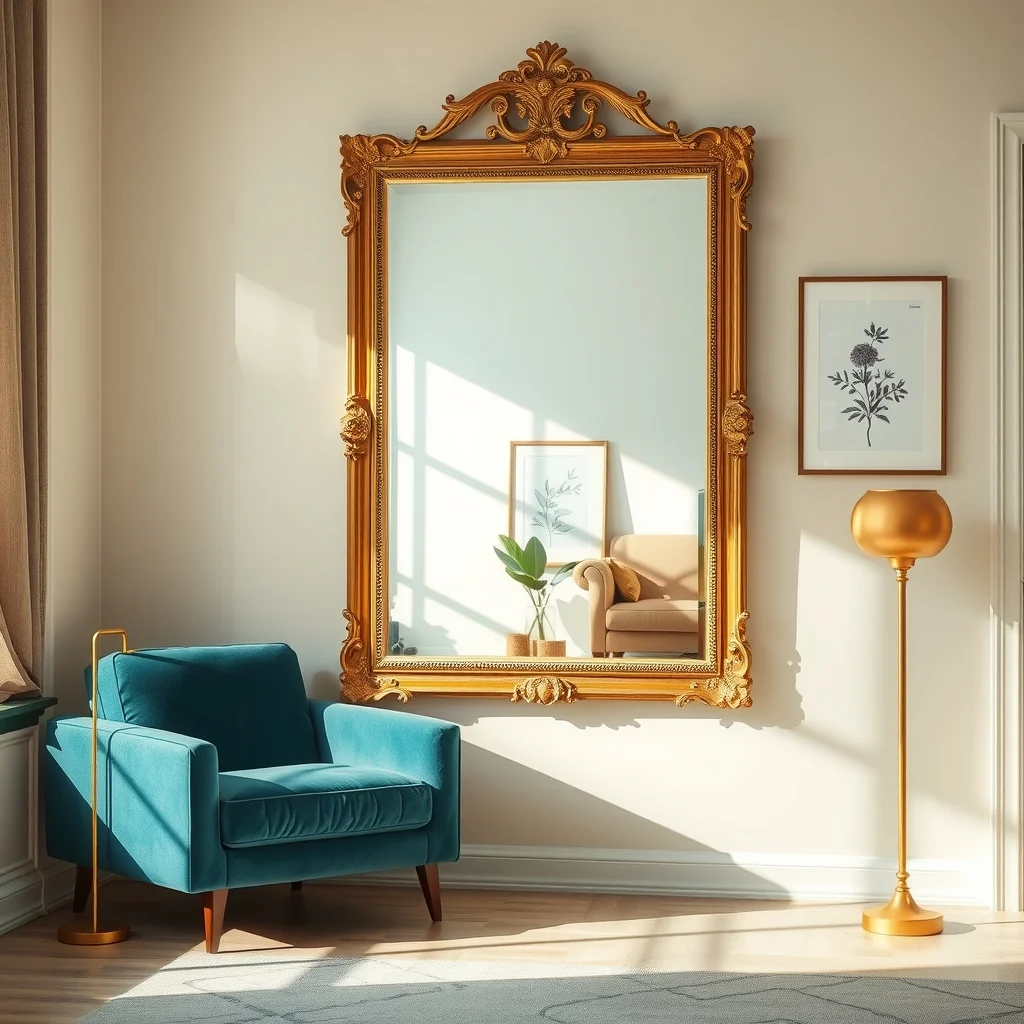 Sunlit living room corner featuring a large gilded vintage mirror on a pastel wall reflecting a teal velvet sofa and a brass floor lamp creating depth and airy elegance
