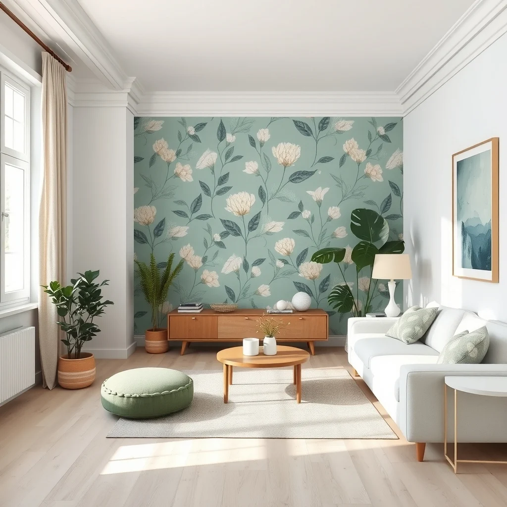 Sunlit living room featuring a removable botanical wallpaper in muted teal and ivory large abstract decal accent wall light hardwood floor white sofa natural light from a nearby window soft ambient glow