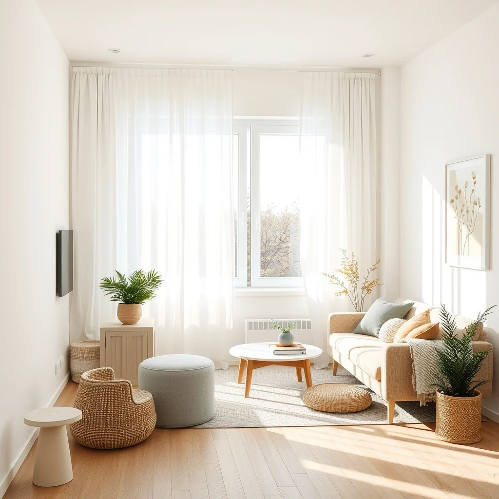 Sunlit living room Scandinavian style white walls light linen sheers billowing over a wide window soft morning light spilling onto a pale oak floor minimal furniture airy composition