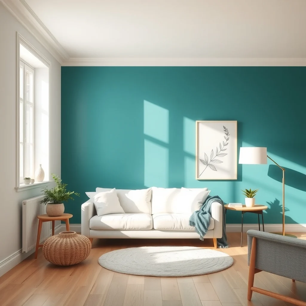 Sunlit living room showcases a bold teal removable wallpaper accent wall thick self adhesive backing clings to smooth plaster contrasted by light oak flooring white sofa and minimal brass floor lamp