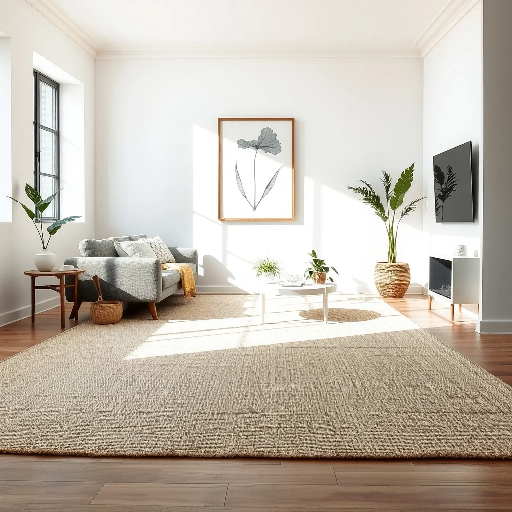 Sunlit living room with a large low pile ivory jute rug extending to the wall edges sleek gray sofa white walls abstract botanical print above soft natural light emphasizing seamless floor coverage