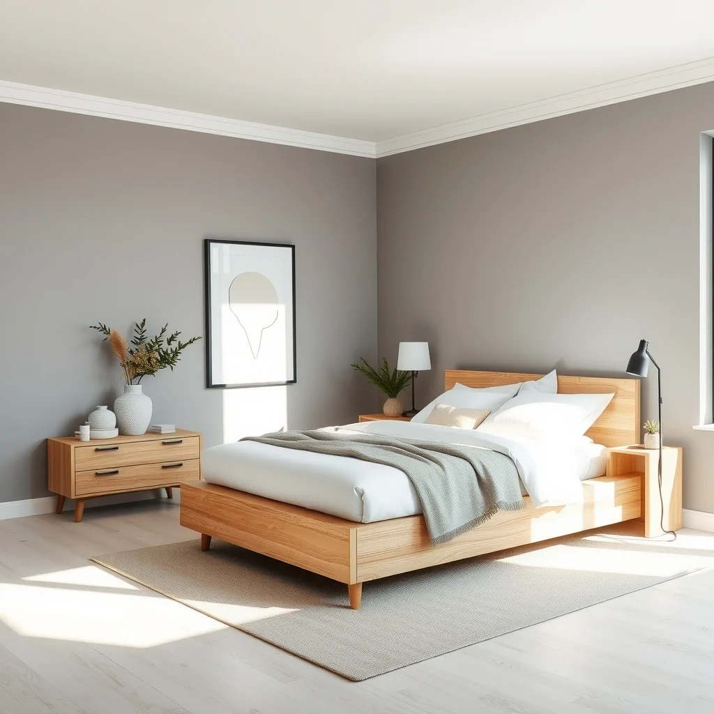 Sunlit minimal bedroom featuring a light oak platform bed with built in shallow drawers crisp white linen a muted gray wall with abstract botanical artwork and soft