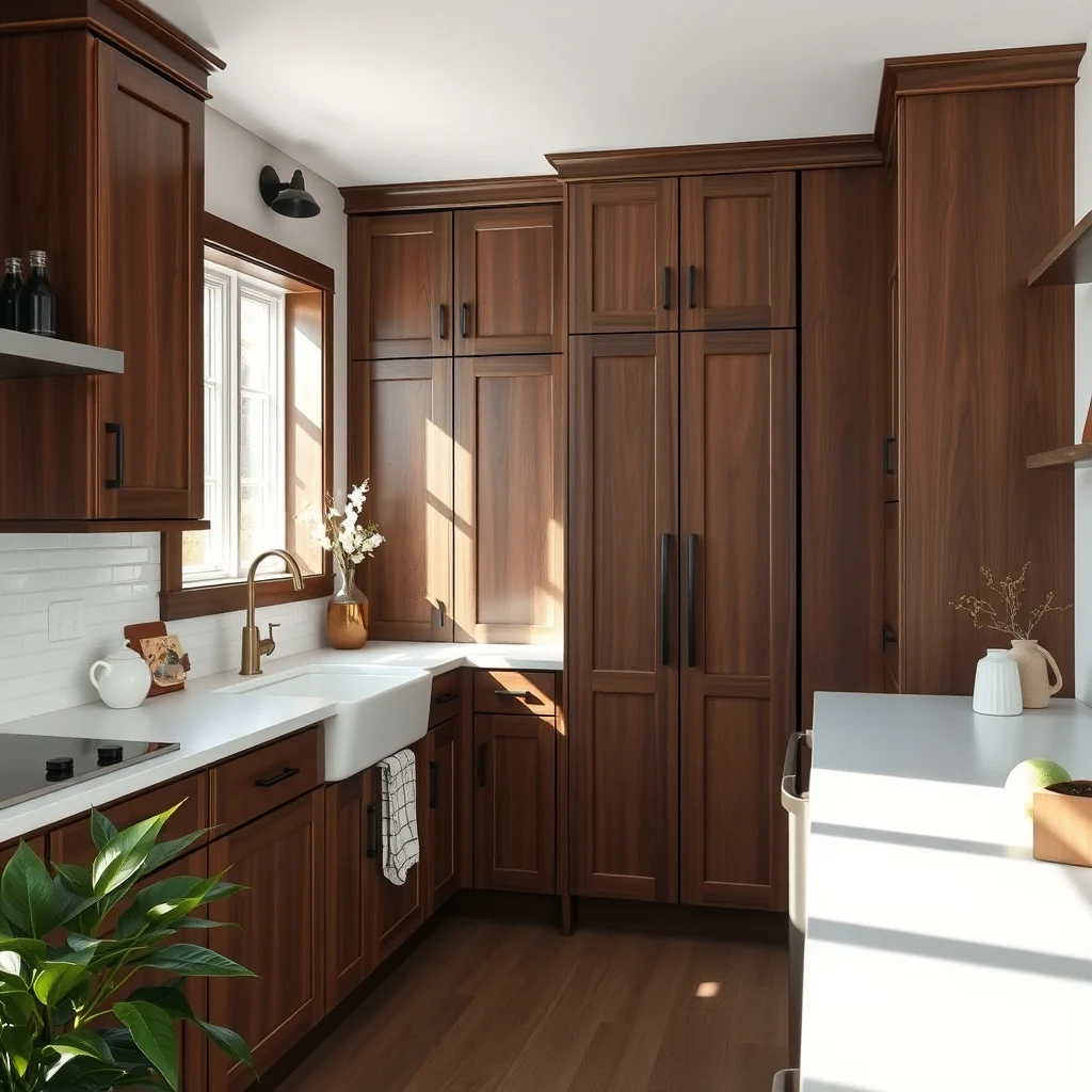 Sunlit modern farmhouse kitchen cabinet doors covered in dark walnut peel and stick veneer matte black hardware white quartz countertop soft natural light from a window wide angle view