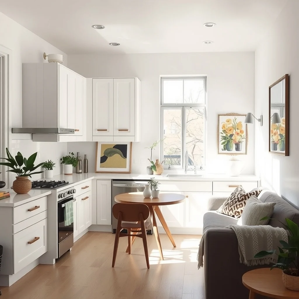 Sunlit rental kitchen featuring white shaker style temporary panels snapped onto existing cabinet doors crisp rectangular