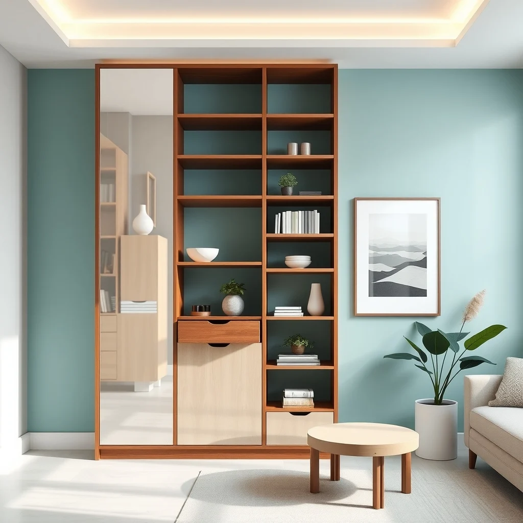 Tall walnut bookcase mirrored sliding panels flush with shelves pastel teal accent wall indirect ceiling lighting wide shot emphasizing hidden drawer slightly ajar sleek modern aesthetic
