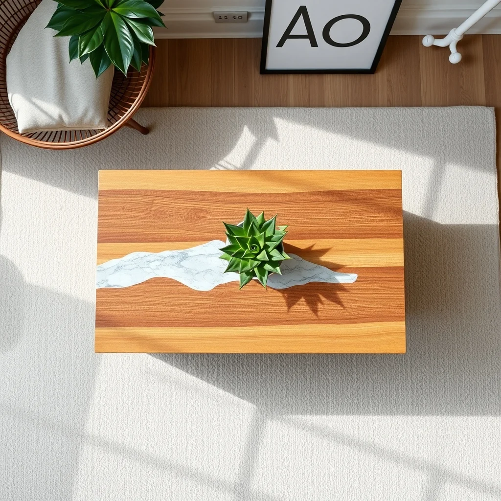 Top down view of a rectangular coffee table brushed walnut base topped with glossy marble effect paint in soft gray veining surrounded by a neutral rug and a single green succulent