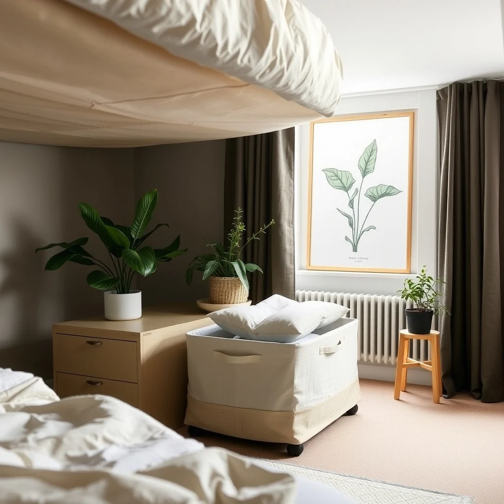 Under-Bed Storage Ideas That Keep a Small Bedroom Looking Calm interior: 2. Fabric‑Covered Rolling Bins - Rolling bins wrapped in breathable linen or cotton create a soft, tactile storage option that can slide in and out without disturbing the mattress. The fabric skins soften the industrial look of wheels and can