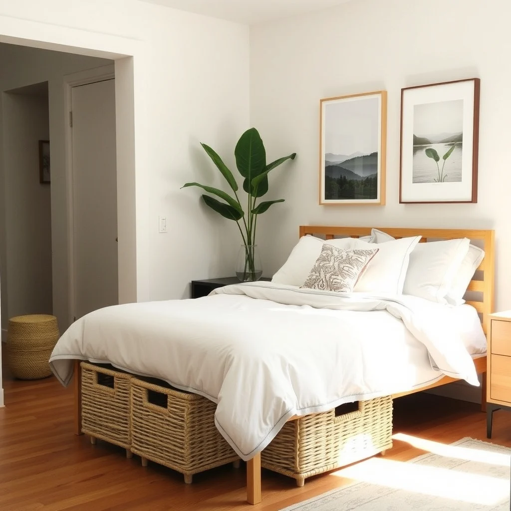 Under-Bed Storage Ideas That Keep a Small Bedroom Looking Calm interior: 3. Wicker Baskets on Bed Slats - Open‑weave wicker baskets placed directly on the bed’s slats provide a natural, airy storage solution. The woven pattern permits airflow, which is especially useful for shoes or linens that need a breath of fresh air.