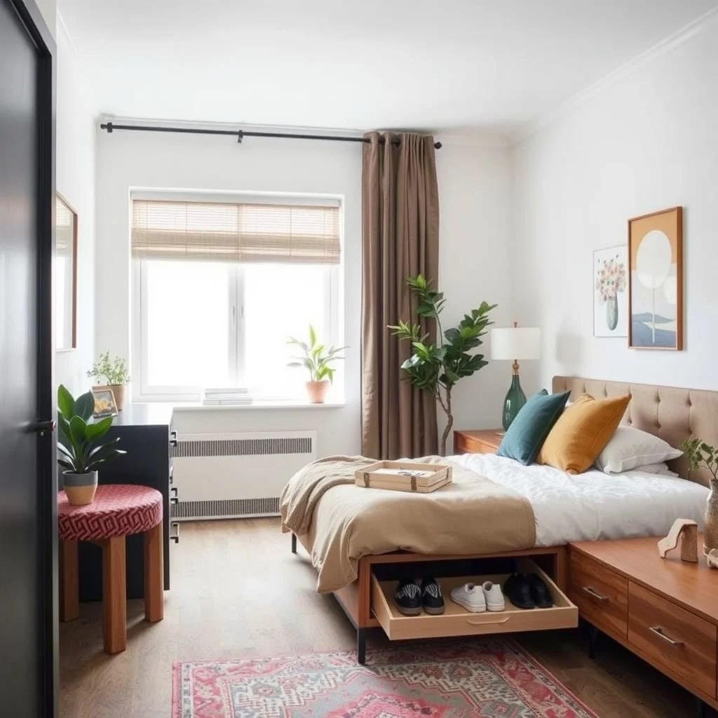 Under-Bed Storage Ideas That Keep a Small Bedroom Looking Calm interior: 4. Pull‑Out Shoe Rack Built Into the Frame - For bedrooms where shoes often become a source of clutter, a pull‑out shoe rack that slides out from under the bed can be a game‑changing addition. The rack typically consists of shallow trays that glide