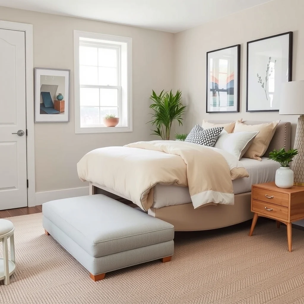 Under-Bed Storage Ideas That Keep a Small Bedroom Looking Calm interior: 6. Low‑Profile Storage Ottoman That Slides Underneath - A slim ottoman, often used as a footrest in larger rooms, can serve double duty when its dimensions allow it to slide beneath the bed. Upholstered in a soft, low‑pile fabric, the ottoman adds a