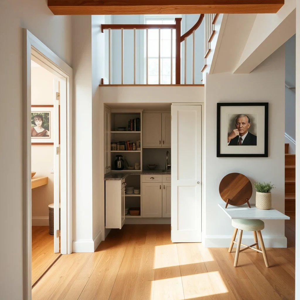 Under-Stair Decorating Ideas for Extra Storage and Hidden Beauty interior: 2. Pull‑Out Pantry for Kitchen Adjacent Stairs - If the staircase leads directly from the kitchen to a lower level, a narrow pull‑out pantry can turn the void into a handy food‑storage corridor. Imagine a slim cabinet that slides on ball‑bearing tracks, revealing