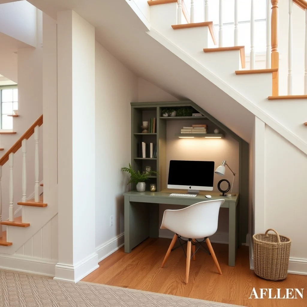 Under-Stair Decorating Ideas for Extra Storage and Hidden Beauty interior: 3. Hidden Desk Nook with Integrated Lighting - For a home office that needs a quiet corner, the under‑stair area can be transformed into a compact desk nook. A low‑profile desk slab, finished in a muted gray or soft sage, fits snugly beneath