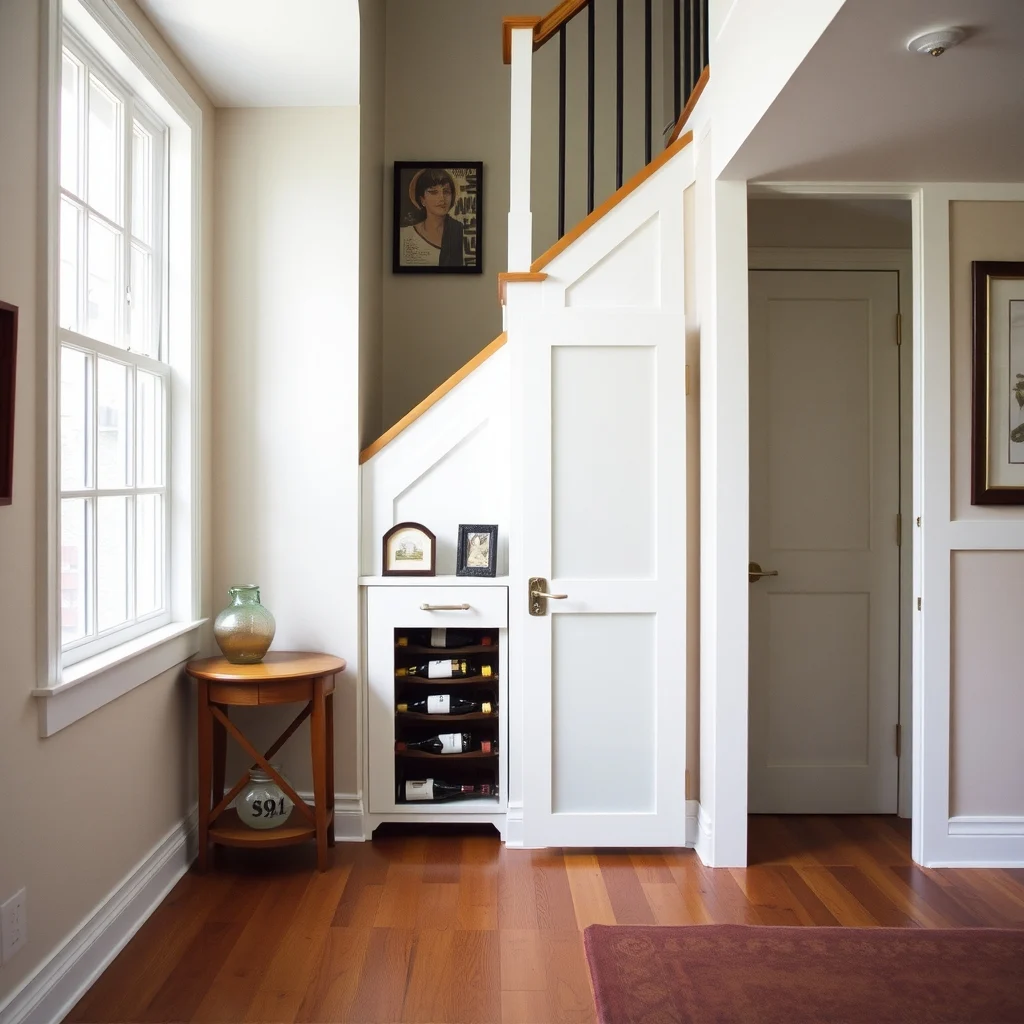 Under-Stair Decorating Ideas for Extra Storage and Hidden Beauty interior: 4. Vertical Wine Rack with Soft‑Close Doors - Wine enthusiasts can capitalize on the vertical space by installing a narrow wine rack that runs the height of the stairwell. A design that incorporates soft‑close doors made from frosted glass or brushed metal adds