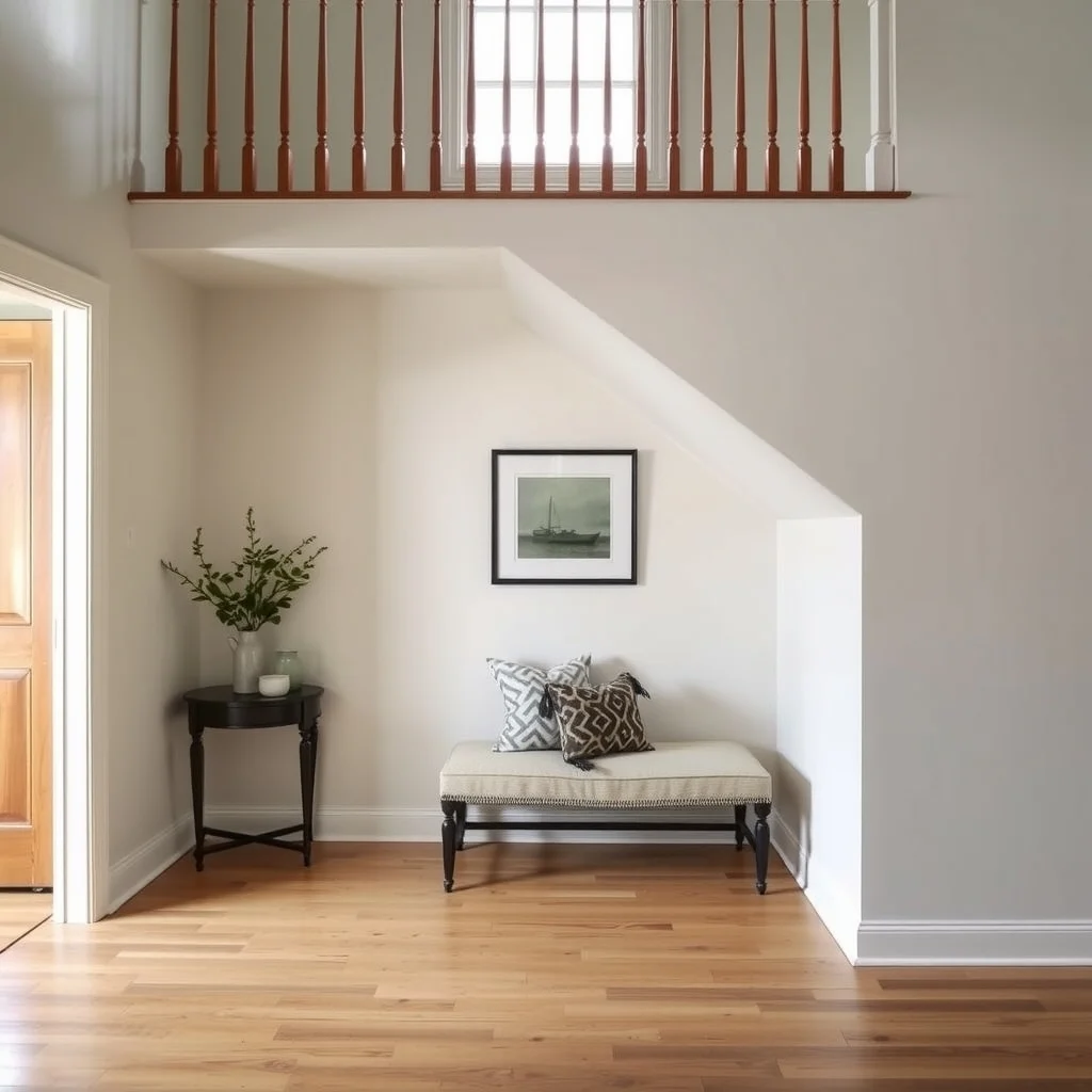 Under-Stair Decorating Ideas for Extra Storage and Hidden Beauty interior: 5. Curated Display Niche with Integrated Bench - When the staircase opens onto a foyer, a shallow display niche can serve both as a showcase and a seating spot. By framing the niche with a narrow molding in a finish that matches the