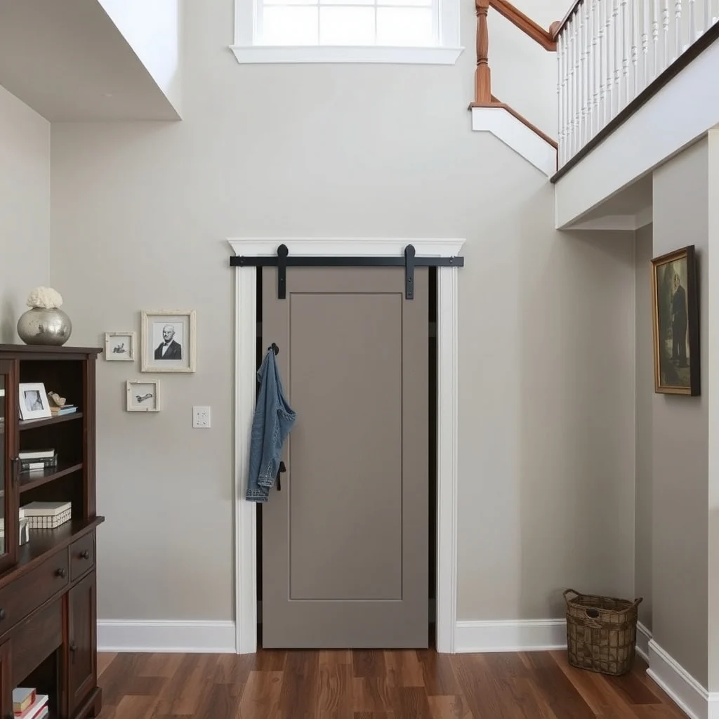 Under-Stair Decorating Ideas for Extra Storage and Hidden Beauty interior: 6. Coat Closet with Sliding Barn Door - In entryways where the stairwell is adjacent, a small coat closet can be tucked into the void, providing a tidy solution for jackets, umbrellas, and seasonal accessories. A sliding barn door painted in a muted