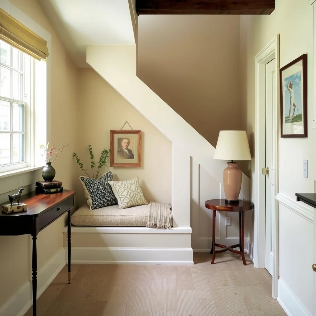 Under-Stair Decorating Ideas for Extra Storage and Hidden Beauty interior: 7. Reading Alcove with Soft Textiles - For a quiet retreat, consider converting the under‑stair space into a cozy reading alcove. A low, padded backrest built into the side of the stairwell, covered in a warm, natural fabric such as oat‑colored boucle,