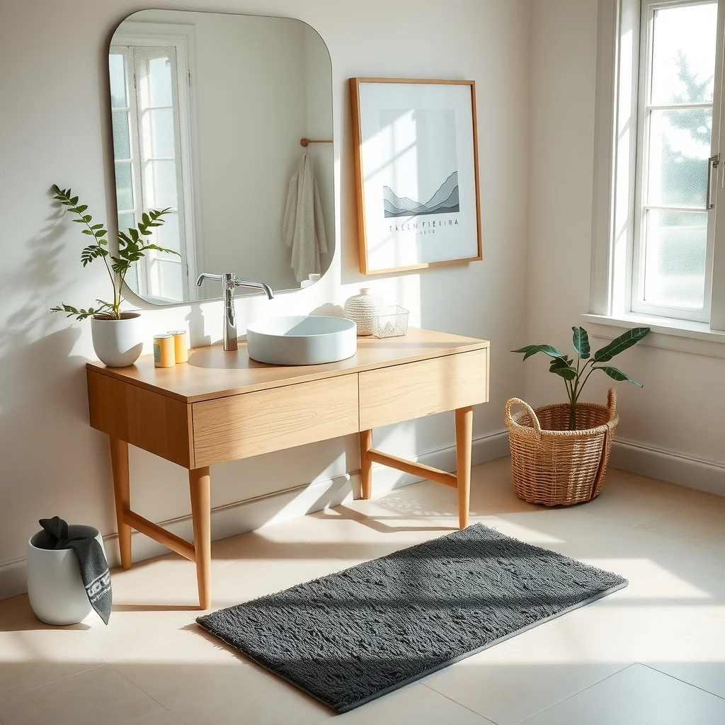 Vanity top adorned with a low pile charcoal bath mat plush ivory towel set and a small woven basket soft natural light from frosted window
