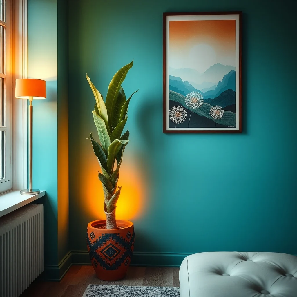 Vibrant corner view with a tall snake plant in a terracotta pot featuring tribal motifs warm amber floor lamp casts gentle glow muted teal wall behind