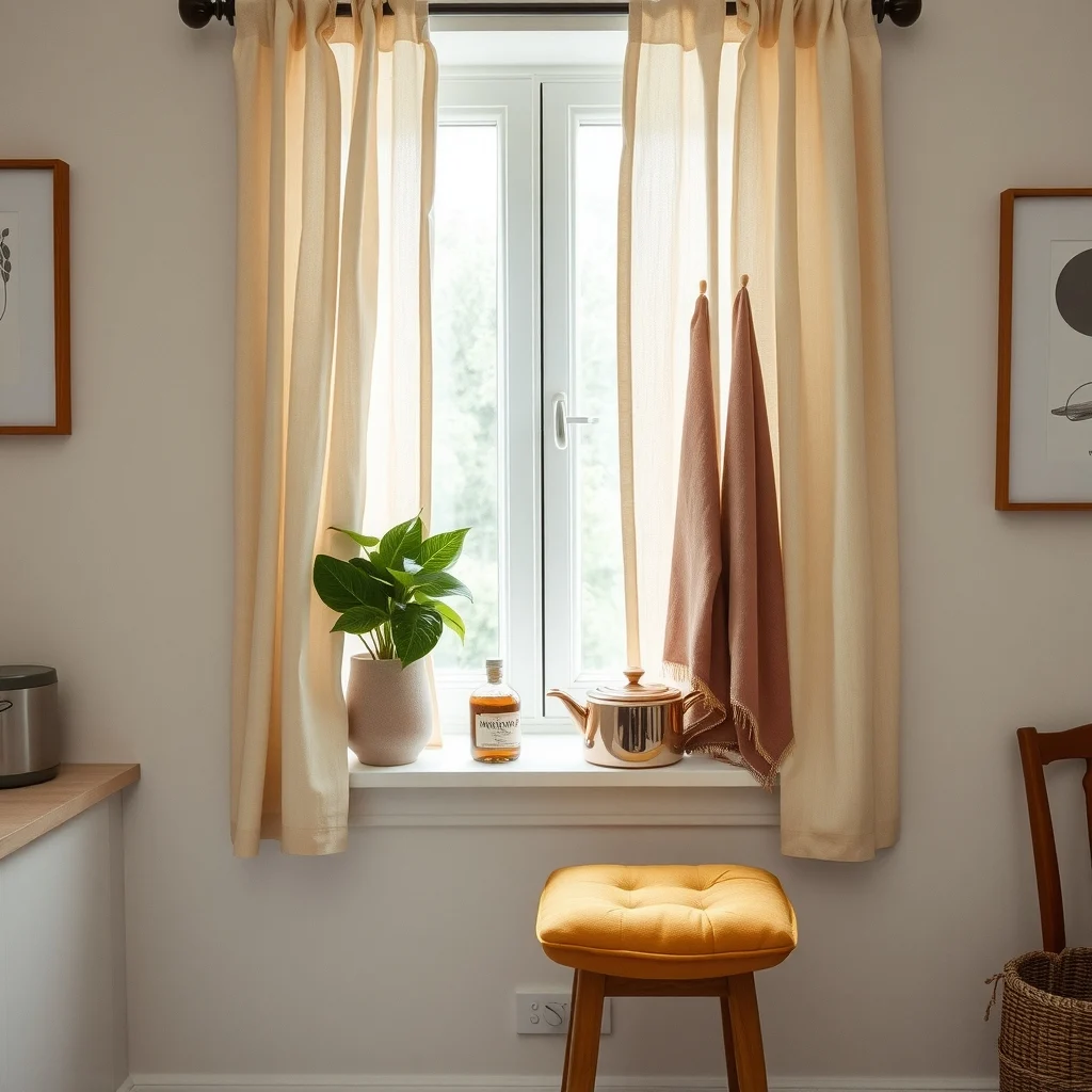 Vignette of a kitchen window nook adorned with cream linen curtains dusty rose tea towels draped over a copper pot muted mustard seat cushion on a wooden stool