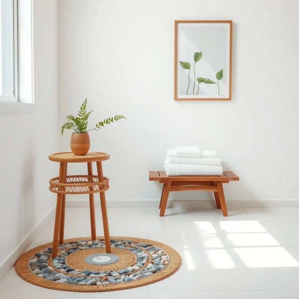 Vignette of bamboo stool beside a stone pebble mat linen towels folded on a reclaimed wood shelf soft natural textures contrast matte white tiles evoking spa serenity