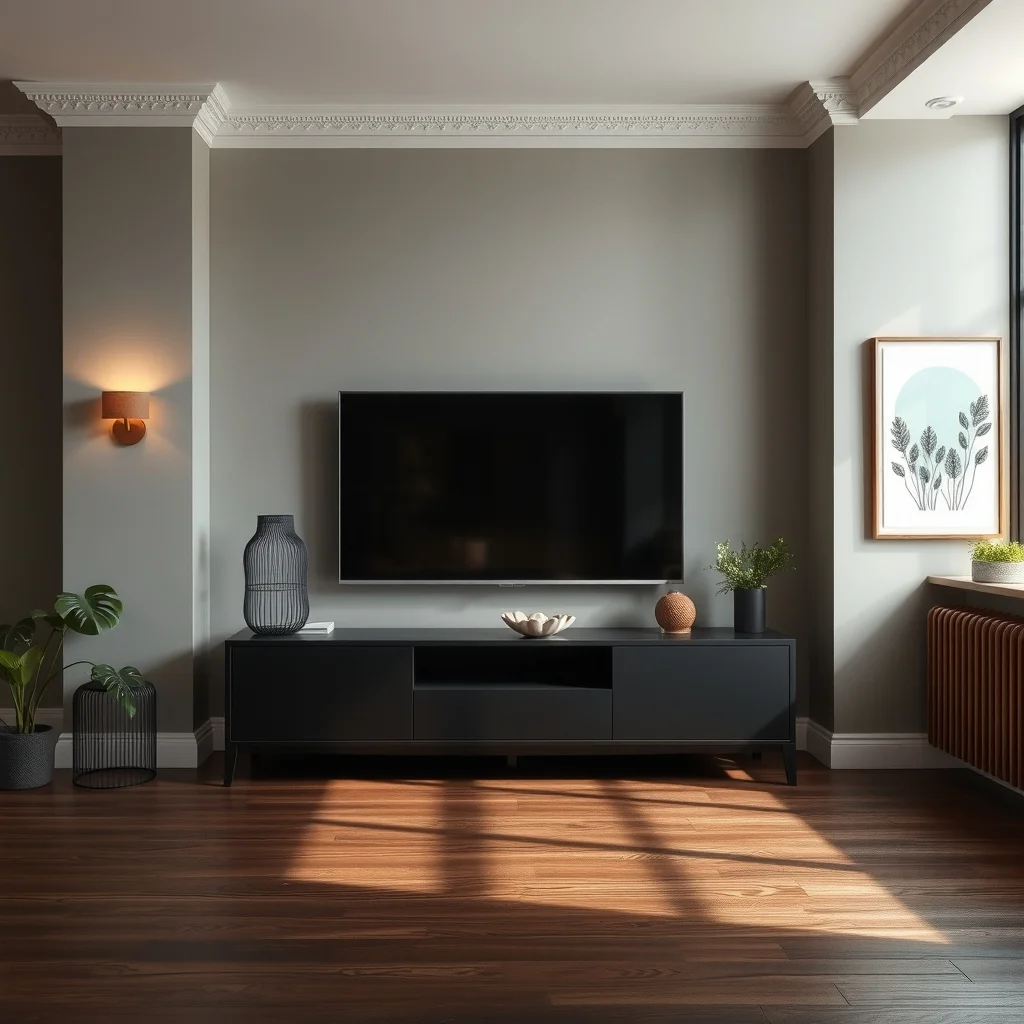 Vignette of two vintage brass sconces flanking a matte black TV console warm patina glow against cool black surface soft ceiling light dark walnut floor balanced modern vintage ambiance