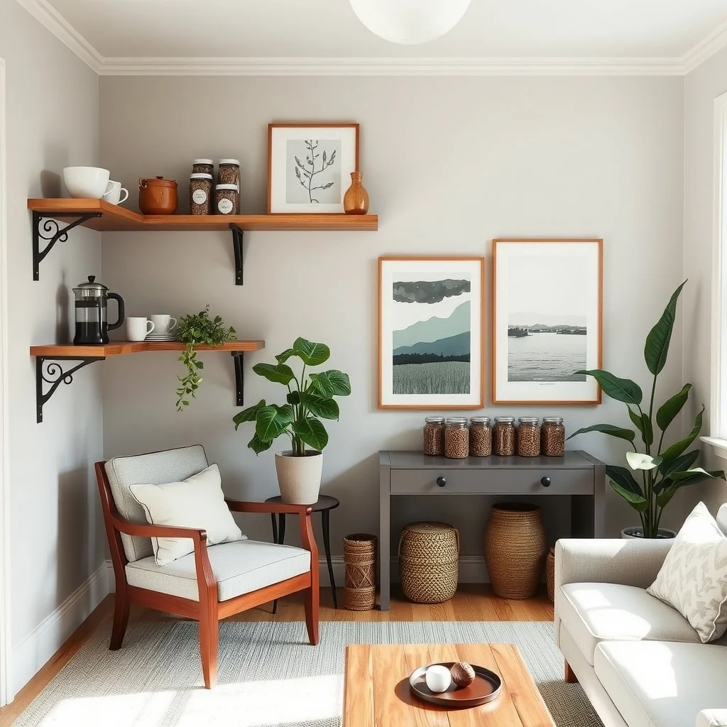 Vintage Coffee Corners interior: 4. Integrate Open Shelving for Display and Accessibility - Open shelves made from reclaimed pine or metal brackets provide a practical way to store coffee accessories while keeping the visual weight low. Arrange mugs, a French press, and a handful of jars of beans