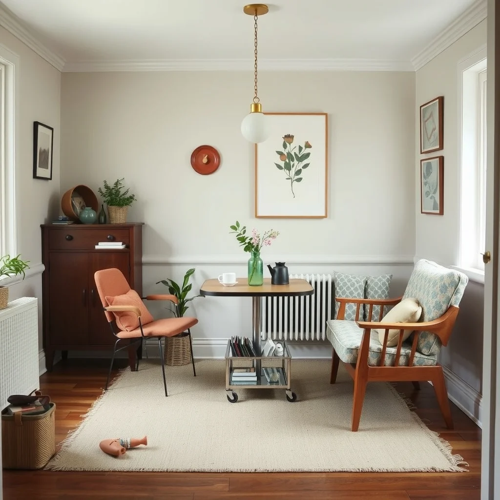 Vintage Coffee Corners interior: 6. Incorporate Functional Details That Enhance the Experience - Small, purposeful details elevate a coffee corner from decorative to truly usable. A narrow rolling cart tucked beneath the table can hold a grinder, filters, and a small stash of sweeteners, sliding out when needed