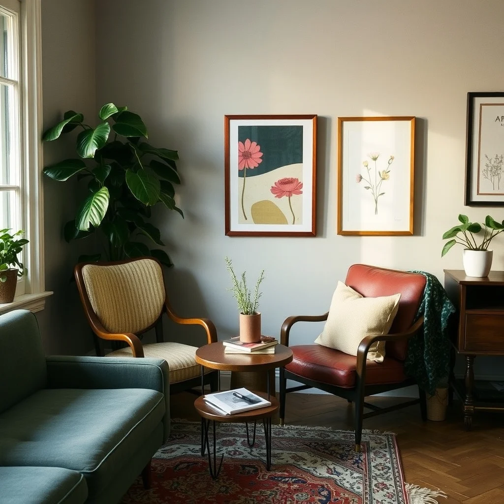 Vintage Coffee Corners interior: 7. Embrace Personal Touches While Maintaining Cohesion - The final layer of any vintage coffee corner is the personal objects that make it yours. A well‑worn leather-bound notebook, a collection of handwritten recipe cards, or a single potted herb like rosemary can sit