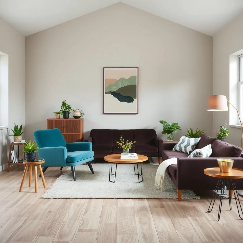 Vintage Modern Living Room Ideas That Mix Old Furniture With Clean Lines interior: 7. Choose a muted color palette that unites old and new - When the walls are painted in a soft greige, both vintage wood tones and contemporary steel accents find a common backdrop. This neutral canvas allows a teal velvet armchair from the 1960s to coexist with