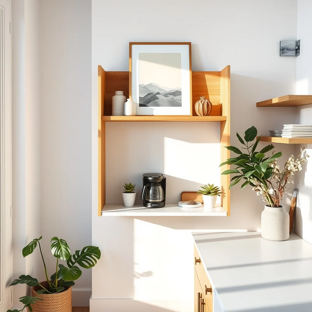 Wall mounted drop leaf shelf in brushed pine folded down to reveal a compact prep surface white marble top natural morning light vignette showing coffee maker sleek urban kitchen