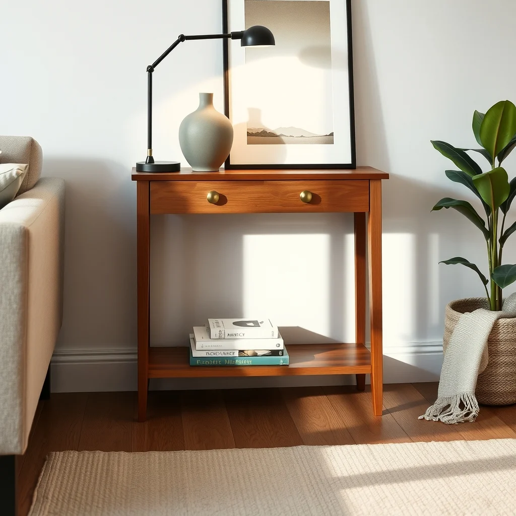 Walnut narrow console table positioned between sofa and wall clean straight single brass drawer topped with a ceramic vase a stack of coffee table books and a minimalist black metal lamp casting warm glow